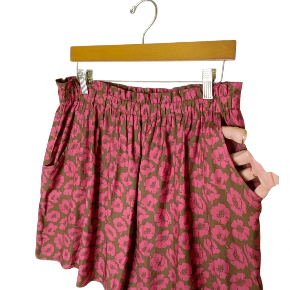 American Eagle Outfitters Skirt Women Large Brown/Pink Poppies Pockets Elastic W